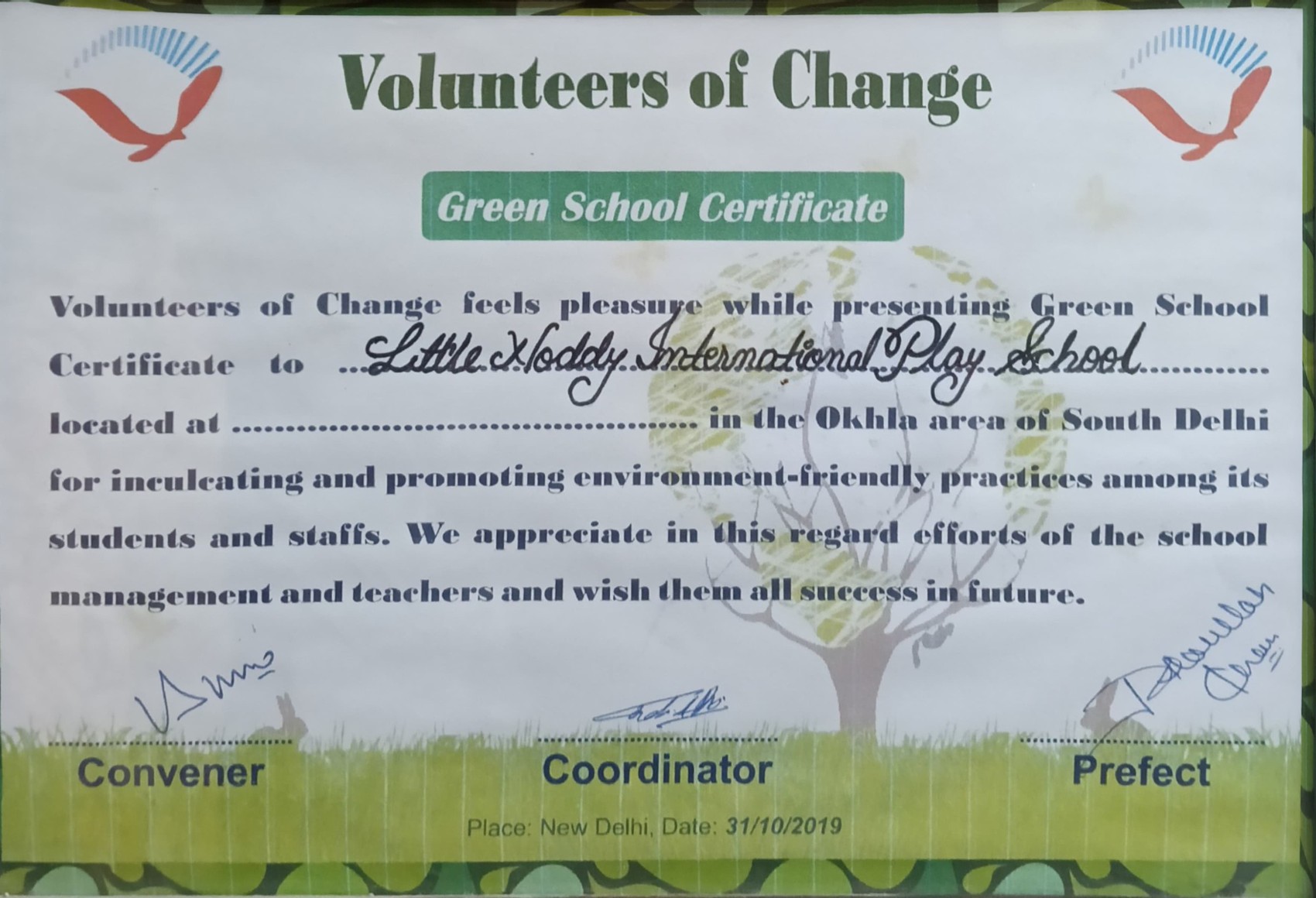 Green School Certificate | Little Noddy International Play School
