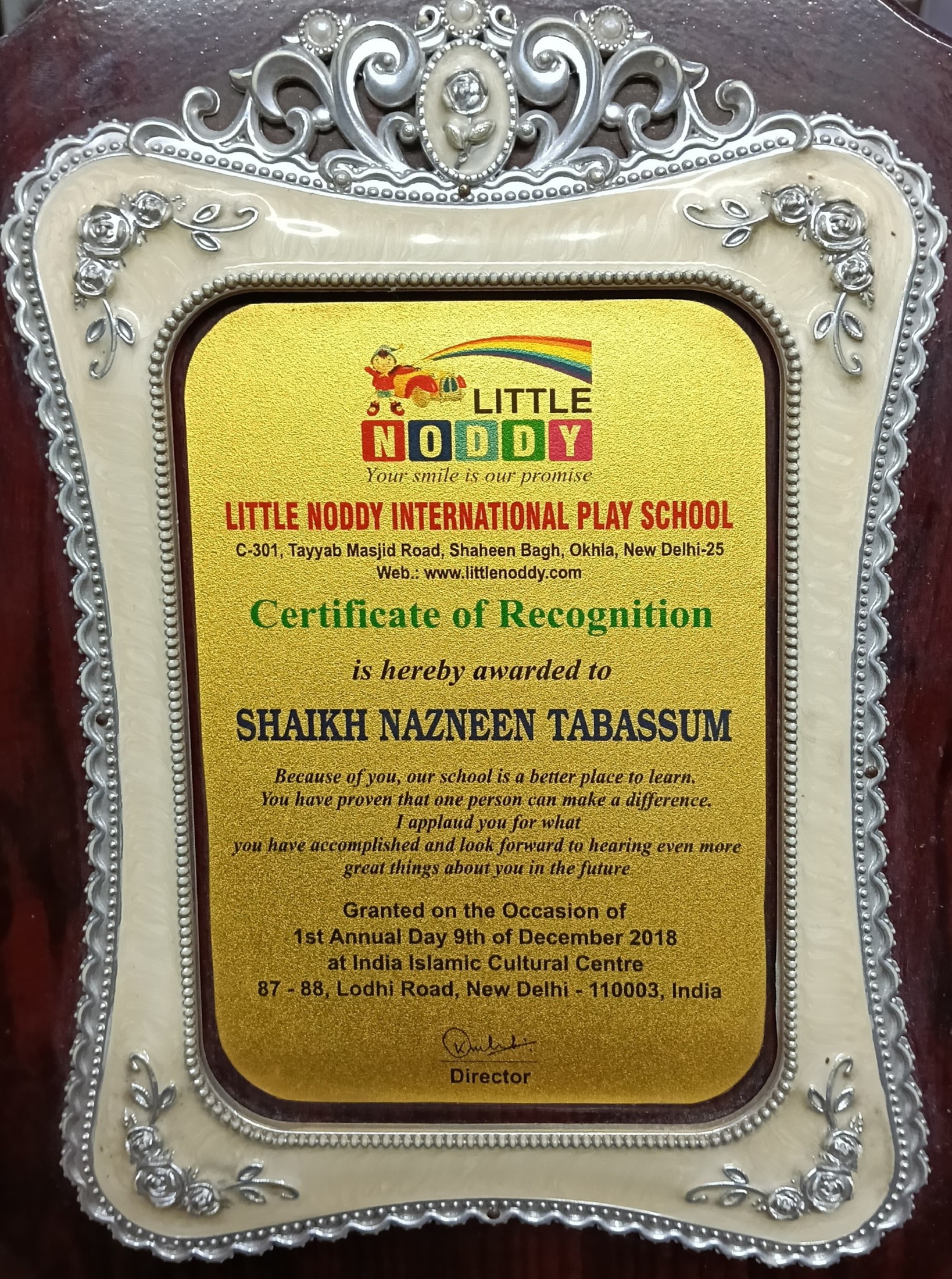 Certificate of Recognition | Little Noddy International Play School